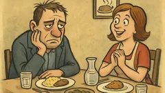 Виц: Семейна вечеря, мъжът е омърлушен