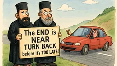 Виц: Отец Нафърфорий държи табела край пътя